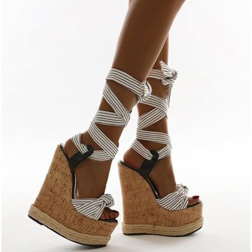 Women Sandals Wedge Ankle Strap High Heels Lace-up Round Toe Shoes Cross-tied Striped Summer Sandals Hemp Super High Heels