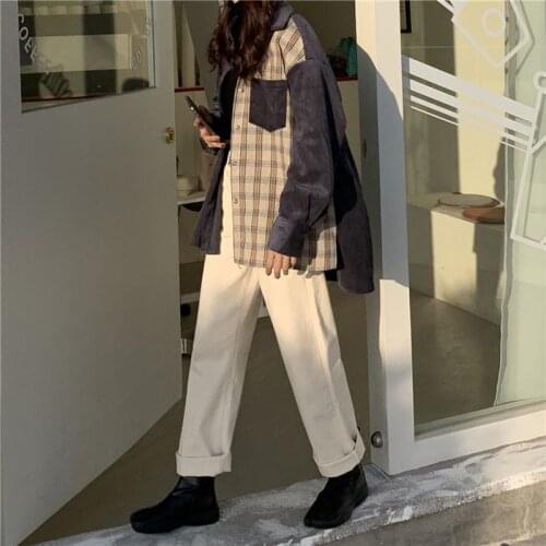 Wenfly Women Splicing Corduroy Plaid Patchwork Jacket Female Korean Version Loose Long-sleeved Shirt Thin Outerwear Harajuku