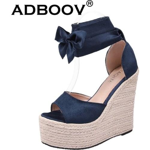 ADBOOV Women Summer Butterfly Knot Open Toe Sandals Fashion Platform High Heels Wedge Shoes Ankle Bowtie Dress Shoes Black Blue