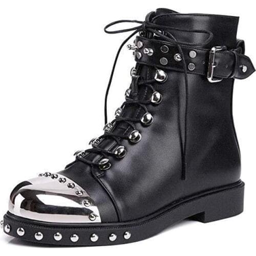 Trendy Black Studded Low Heel Booties Round Toe Lace Up Ankle Buckle Metal Toe Boots Autumn Winter Women Shoes Free Ship Size 10