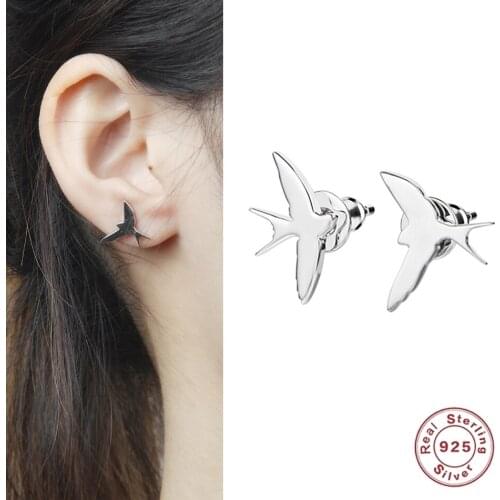 Womens Stud Earrings Tiny Flying Bird Animals 925 Silver Small Studs High Quality Ear Jewelry Gift