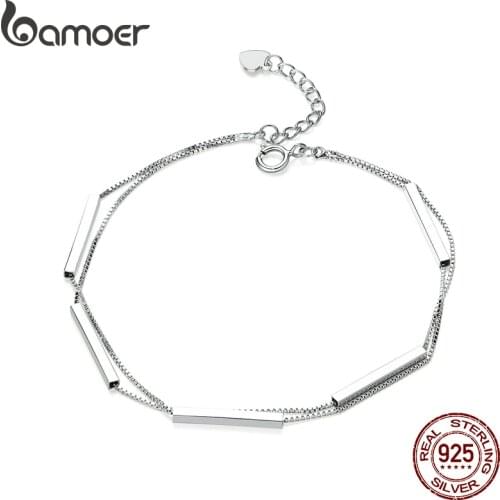 Bamoer 925 Sterling Silver Double Layers Chain Bracelet Geometric Lobster Lock Bracelet for Women Fashion Jewelry SCB170