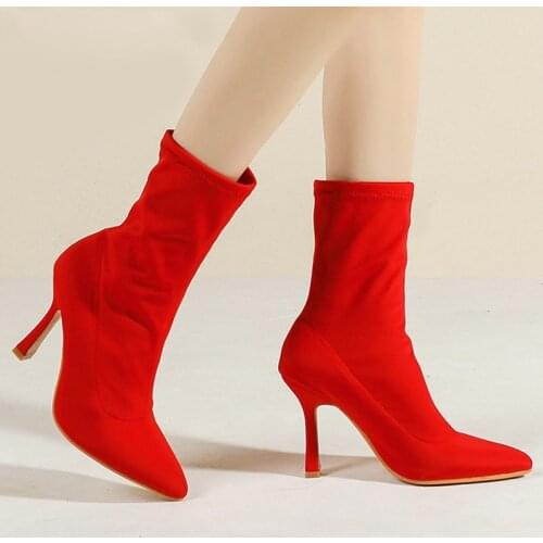 Winter Women Boots Ladies Pointed Toe Thin High Heel Elastic Ankle Boots 2021 Zipper Female Pumps Socks Boots Shoes New Pu Sexy