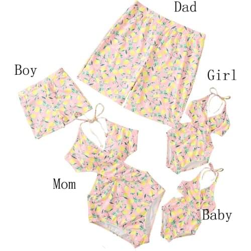 2021 Family Matching Swimwear Mom Daughter Lemon Print Bikini Dad Son Bathing Suit Women Men Couples Outfits Girls Boys Swimsuit