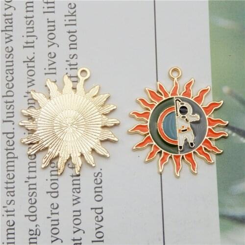Julie Wang 3PCS Enamel Cartoon Sun Charms Alloy Gold Tone Astronaut Pendants Bracelet Earrings Jewelry Making Accessory
