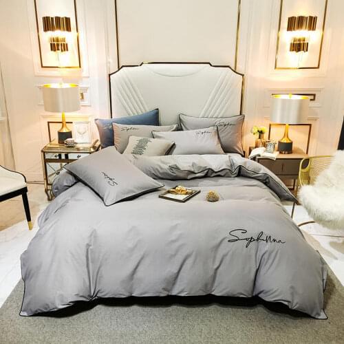 4pcs cotton embroidery four-piece set 40 staple four seasons pure cotton AB quilt cover solid color color matching embroidery