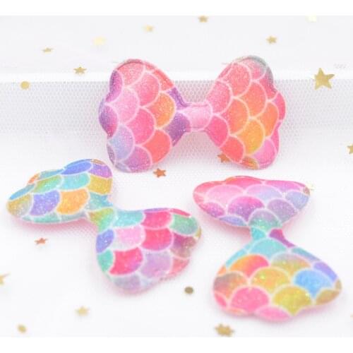 55mm Shiny Rainbow Fabric Padded Patches Glittery Bow Tie Appliques for Craft Clothes Stickers Supplies DIY Hair Clips Decor S24