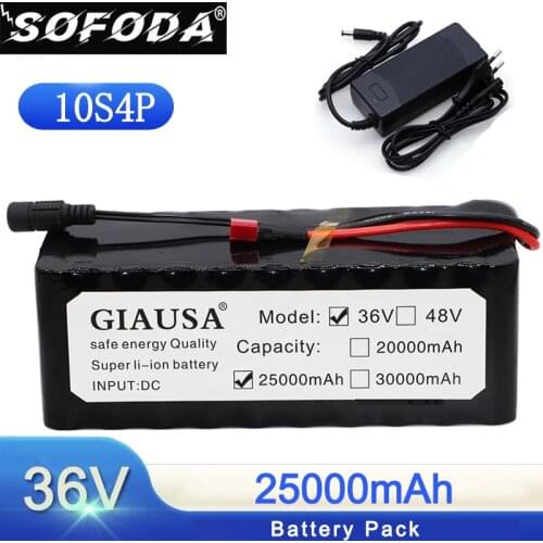 SOFODA 10S4P 36V battery 25Ah battery pack 1000W high power battery 42V 25000mAh 36v electric bike battery BMS with 42v charger