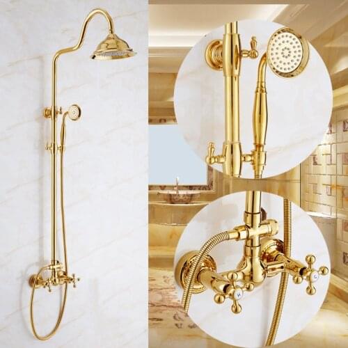 Free shipping Luxury Gold Brass Shower Faucet Set Dual Ceramic Handle Tub Mixer with Hand Shower