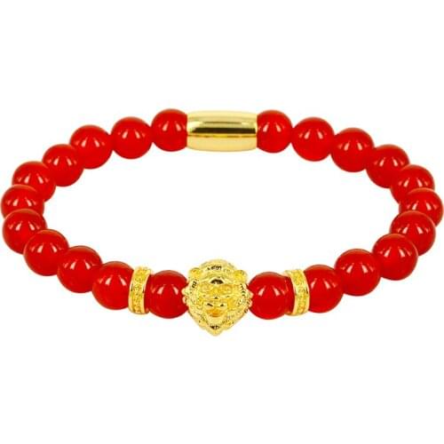 8mm Natural Red Crystal Onyx Semi Precious Stone Beads Lion Head Charm Spacer Standard Bracelets For Man