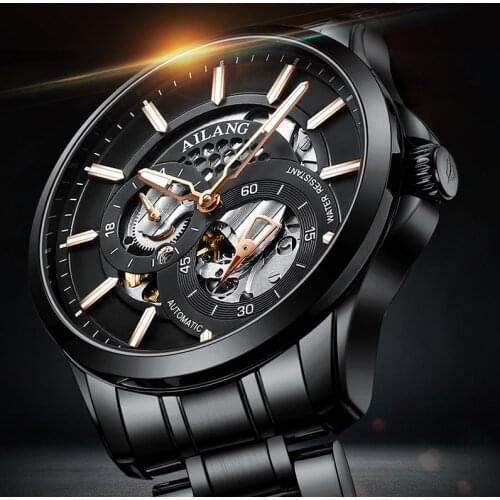 AILANG Automatic Mechanical Hollow Watch Stainless Steel Business Sports Waterproof Sports Casual Black Dial Mens Genuine Watch