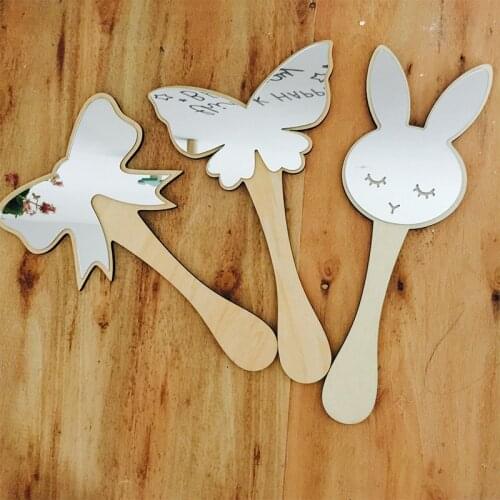 Nordic Style Wood Acrylic Mirror Girl Kids Dressing Mirror Bowknot Handle Portable Makeup Mirrors Room Decorations