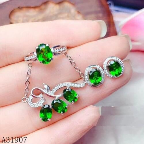 KJJEAXCMY Fine Jewelry 925 sterling silver inlaid natural diopside gemstone female necklace pendant ring stud earrings 3 piece s