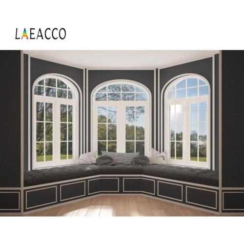 Laeacco Vintage Chic Wall Gray Window Bed Cushion Spring Scene Room Interior Photo Photographic Background Backdrop Photo Studio