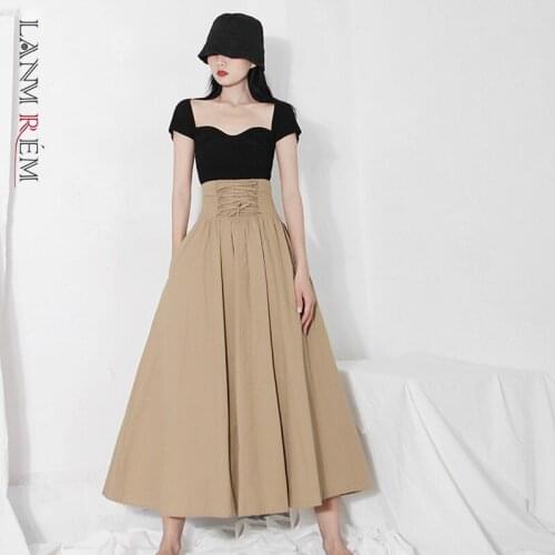 LANMREM Women Khaki Long Drawstring Skirt 2021 Autumn Winter Big Swing Female Luxury Elegant Streetwear 2D1332