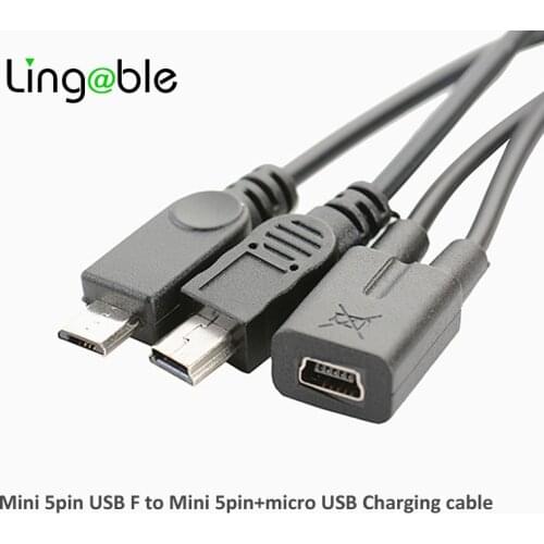 Lingable Mini USB 5Pin Female to mini usb 5pin male + micro USB male Y Splitter 1 to 2 Converter Charging Cable 30CM for Car