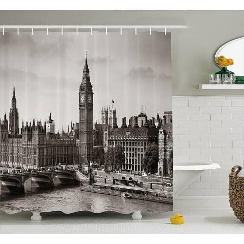 London Shower Curtain Westminster with Big Ben and Bridge Nostalgic Image British Antique Architecture Waterproof Bath Curtains