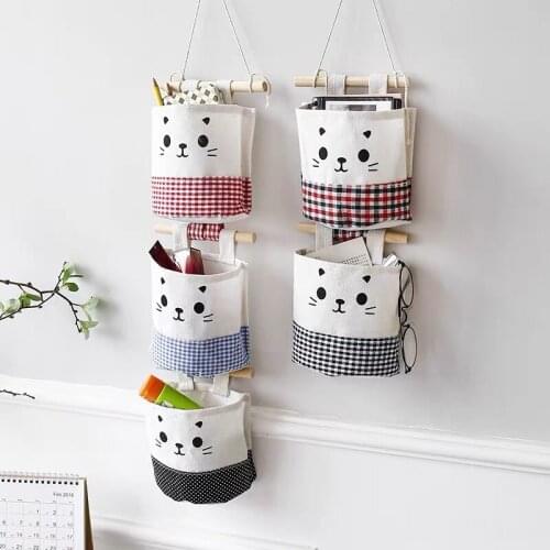Cute Cartoon Cat Pattern Storage Bag Sundries Pouch Cotton Linen Wall Hanging Organizers Makeup Hairpin Pocket Organizer