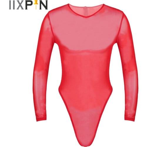 Mens Erotic Lingerie See Through Mesh Bodysuit Long Sleeve High-Cut Thongs Back Zipper Leotard Slim Fit Jumpsuit Sexy Sleepwear