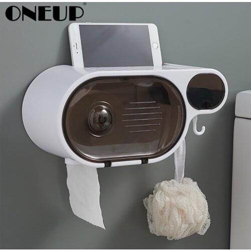 ONEUP Punch-free Roll Paper Dispenser Multifunction Bathroom Organizer With Hooks Non-slip Storage Table Bathroom Accessories