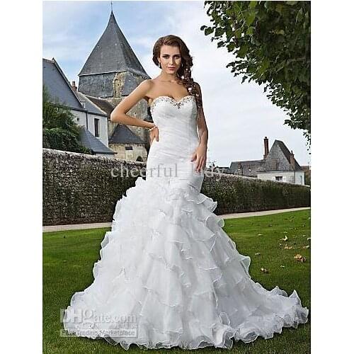 2018 Custom Made Ruched Trumpet/Mermaid Sweetheart Strapless Chapel Train Beads Organza Tiered vestido de noiva Wedding Dresses