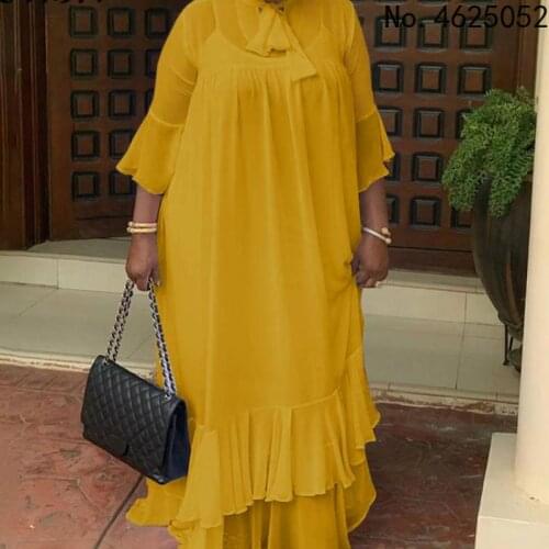 Women Solid Sleeveless Dress Ladies Bow Neck Flare Sleeve Pleated Ruffled Hem Long Maxi Sundress Femme Bohemian Vestidos