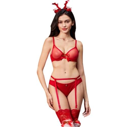 Merry Christmas festival gift lady sexy bra underwear garter Christmas velvet stockings 4 pieces of the birth year red Elk