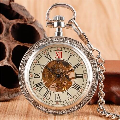 Silver Antique Watch Men Women Skeleton Handwinding Mechanical Pocket Watches Roman Number Dial 30Cm Fob Chain Relogio De Bolso