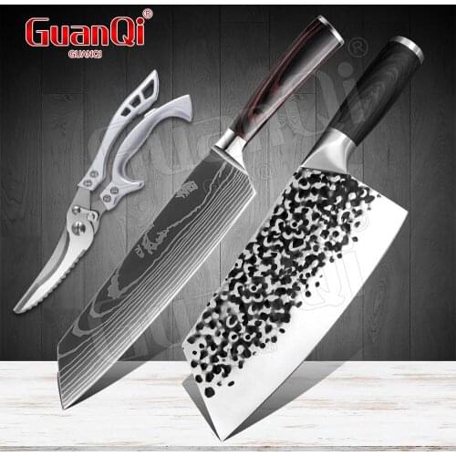 Stainless Steel Chef Knife Damascus Steel Cleaver Knife Forged Butcher Knife Utility Slicing Knife Kitchen Chicken Bone Scissors