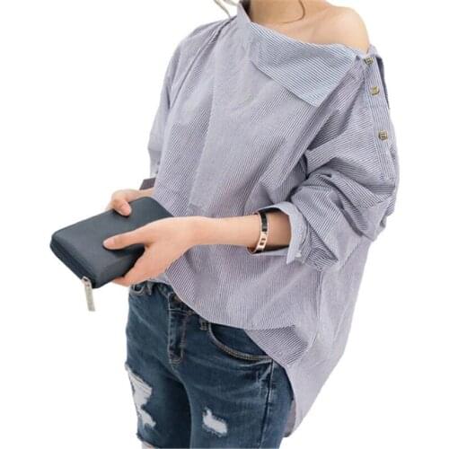Spring Antumn Women Striped Shirts Sexy Off Shoulder Strapless Shirt Batwing Sleeve Casual Blouses Tops Plus Size Blue Red AB776