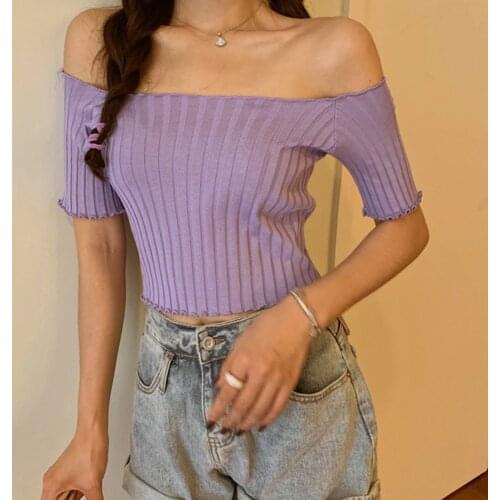 TIESOME Women T-shirts Tops Basic Sexy Short Sleeve Crop Tops Casual Off Shoulder Knitting Stripes Summer Tops For Women 2021