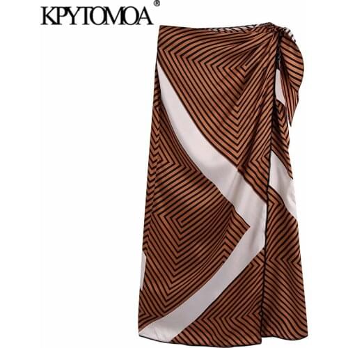 KPYTOMOA Women 2021 Fashion With Bow Tied Striped Print Midi Sarong Skirt Vintage High Waist Wrap Female Skirts Mujer