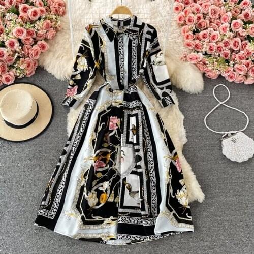 New 2021 Designer Runway Dresses Women Half Sleeve Black Vintage Print Midi Dress Birthday Party Casual Dress Vestidos N66413