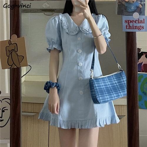 Women Short Sleeve Dress Ruffles Patchwork Deign Sexy Sweet Fresh Mini Dresses Puff-sleeve Peter Pan Collar Girls Ulzzang Chic