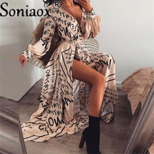 2021 Women Boho Letter Printing Vintage Long Sleeve Casual Deep-V-Neck Thigh Slit Maxi Dress Ladies Evening Party Beach Dresses