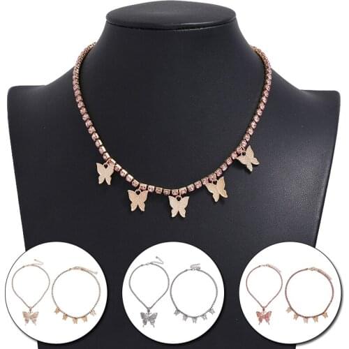 Gold Color Butterfly Pendant Necklace Female Shiny Crystal Clavicle Chain Fashion New Women Choker Necklace Jewelry Party Gift