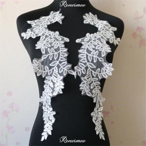 1 Mirror Pair Ivory Embroidered Clear Sequins Lace Applique Sewing Collar for Wedding Dress DIY Costume Show 13X43.5cm SX209