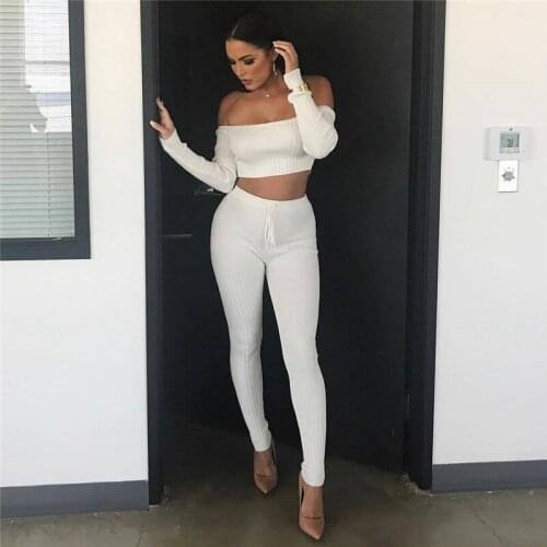 Imcute Knitted Fall 2 Pieecs Set 2020 New Slash Neck Off Shoulder Long Sleeve T-shirt Crop Tops High Waist Long Pants Women 2pcs