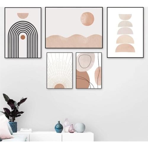 Boho Abstract Sun Rising Rainbow Canvas Print Beige Geometric Wall Art Poster Line Painting Wall Pictures Living Room Home Decor