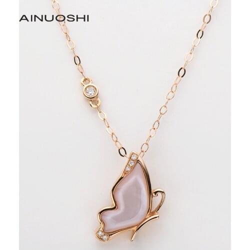 AINUOSHI 18K Rose Gold Real Diamond Mother-of-Pearl Lovely Butterfly Charm Pendant Necklace For Women Fine Jewelry Gift 18