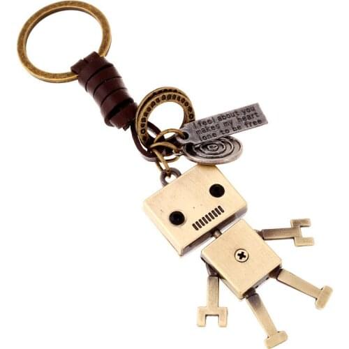 Hand-woven leather keychain removable alloy robot creative leather keychain backpack pendant
