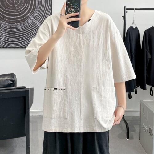 Male Vintage Short Sleeve T-shirt Linen V-Neck Tshirt Tops Fashion Summer Solid Casual Cotton Henley Loose Blouse Tee Top Men Cl