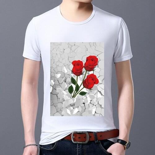 T-shirt Mens Classic All-match Temperament Slim 3D Rose Pattern Printing Series Casual Mens T-shirt Youth O-neck Commuter Top