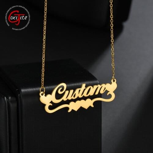 Goxijite Custom Name Necklace For Women Girl Gold Double Heart Nameplate Pendant Necklaces Stainless Steel Chain Choker Gift