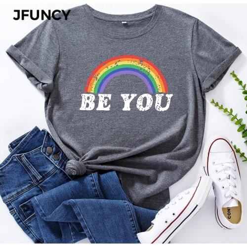 JFUNCY Plus Size Women Cotton T Shirt Rainbow Letters Print Loose Tees Short Sleeve Woman Casual T-shirt Summer Female Tops