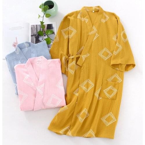 Women Cotton Woven Kimono Robe Long Sleeve Geometric Printing Bathrobe Plus Size Loose Crepe Long Robes Home Dressing Gown