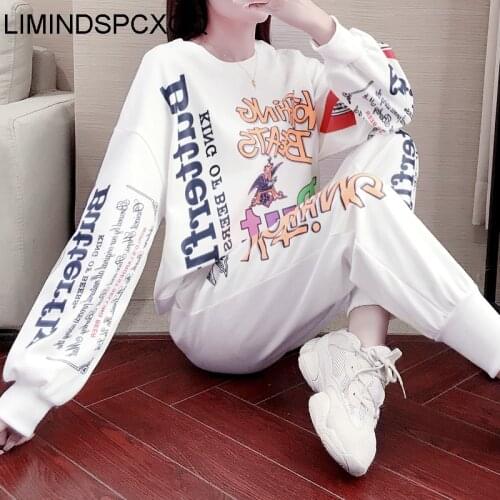 Letter Printing Thin Two Piece Set Women Hip Hop Fashion Casual Long Sleeve Hedging Clothes + Loose Trousers Sweatpants Autumn