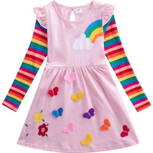 2021 New Baby Girls Long sleeve Dress Toddler Baby Kids Girls Rainbow Stripe Butterflys Party Princess Dresses