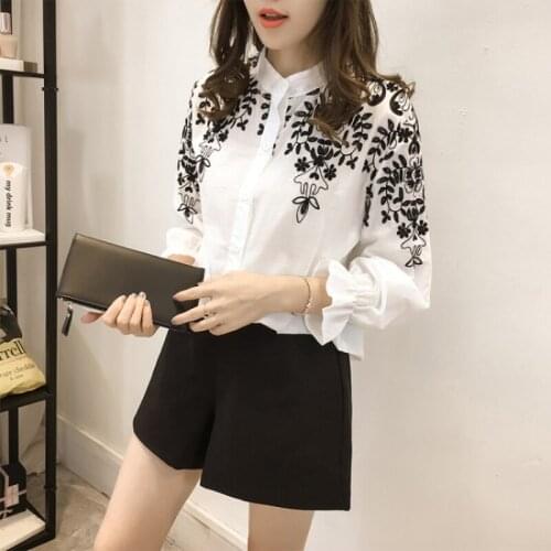 New style shirt womens long-sleeved Korean loose embroidered flower stand-up collar bottoming shirt top