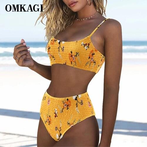 OMKAGI Floral Swimsuit Women Push Up Bikini 2021 Shirred High Waist Swimwear Female Biquini Brazilian Swimming Bathing Suit